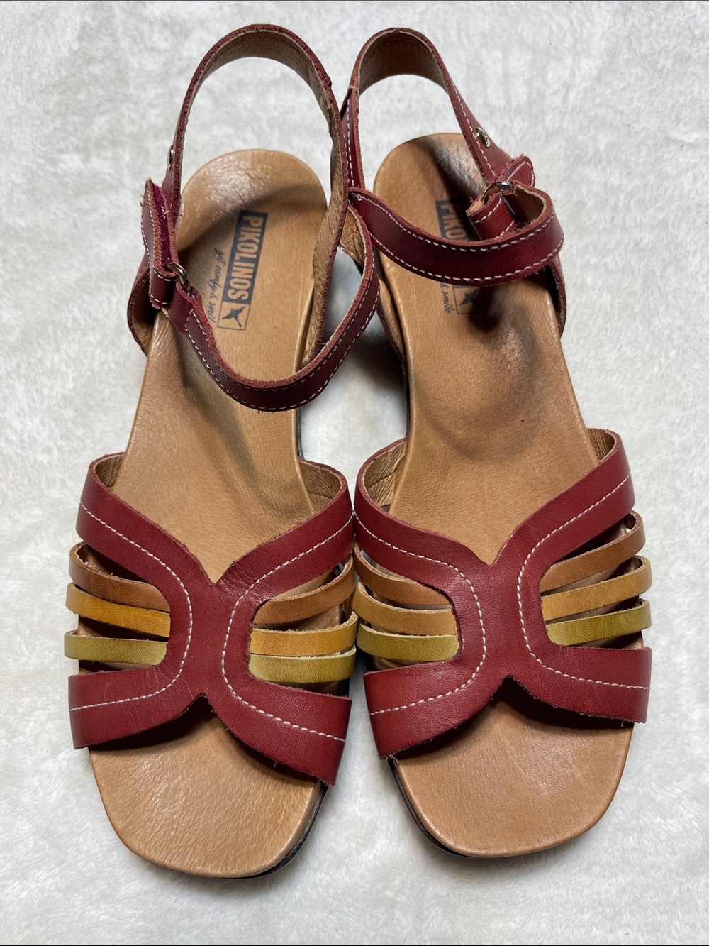 Pikolinos Burgundy & Tan Leather Slingback Sandals Size 38
